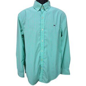 Vineyard Vines Mens Green Gingham Nylon Blend Performance Whale Shirt Medium